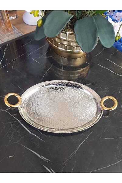 Practice Home Tek Kişilik Dövme (1 ADET) Kahve Sunumluk Metal Damat Söz Nişan Tepsisi Gümüş Renk