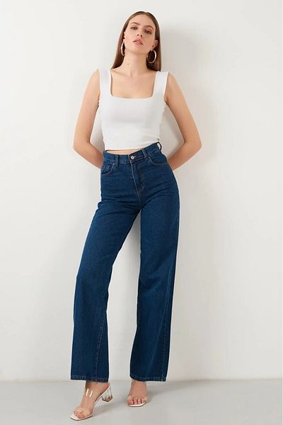 LİMABEL Women's 90's Dark Blue High Waist Palazzowideleg Jeans Power Lycra Tightening Jeans