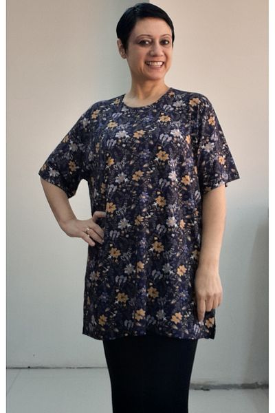 Mertcan Butik Navy Blue Floral Print Short-Sleeved Combed Viscose T-Shirt