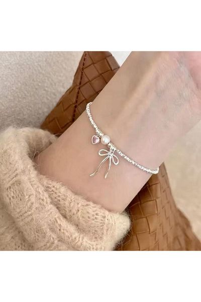 Vintageamer Steel |   Pearl & Bow Detailed Charm Bracelet