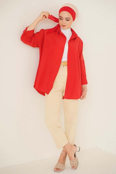 TUA MODA Tua Moda 103901 Oversize Basic Hijab Shirt - Red