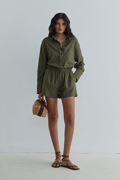 Suud Collection Linen Shorts - Khaki Barley Elastic Design