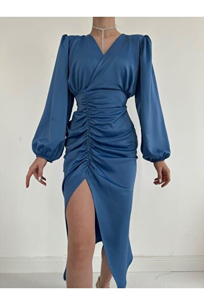 TUA MODA Tua Moda Blue V-Neck Satin Dress