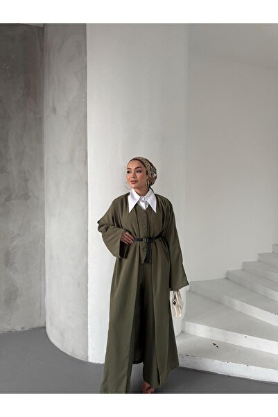 Genel Markalar tesettür uyumlu marka muadil üçlü tasarım yelek, pantolon, uzun kimono kuşaklı ceket rahat şık takım