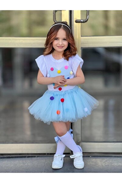 ARBİ kids Kız Çocuk Kabarık Tütü Etekli Ponponlu Kıyafeti Kutlama Bayramlık D...