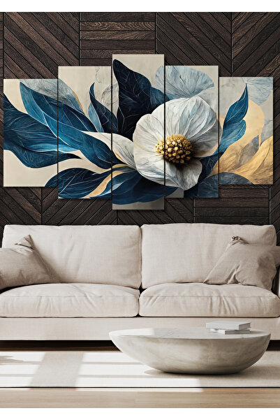 NT Handmade 5 Parça Mavi Yapraklı Çiçek Duvar Dekoru Salon Oturma Yatak Odası...