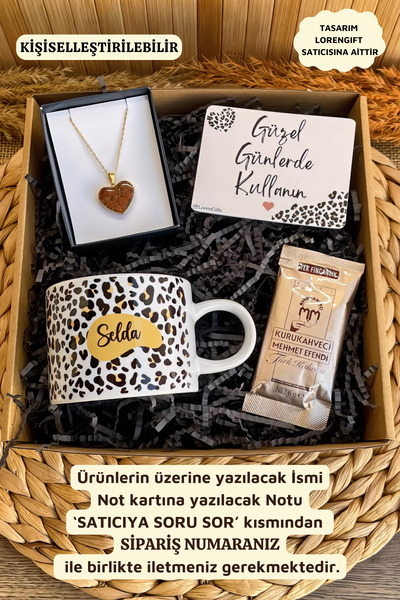 Loren Kişiye Özel İsimli Leopar Temalı Kupa Fincan Çelik Kolye Hediye Kutusu