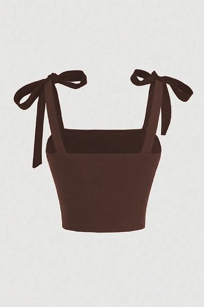 World Fashion Trends Wft5023B Bow Wide Strap Brown Crop Blouse
