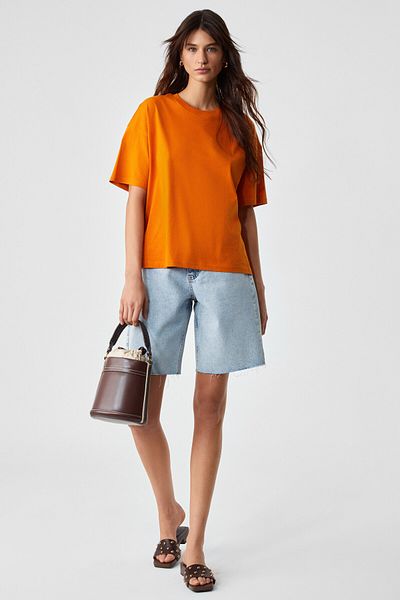 GRIMELANGE Jemmy Women's 100% Organic Cotton Relaxed Fit Slit Round Neck Orange T-Shirt