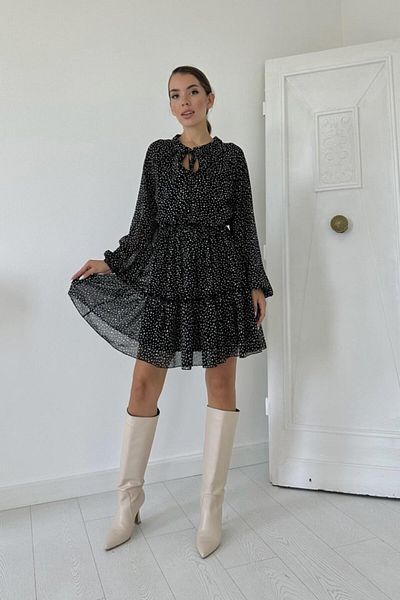 Leyaa Black Skirt Layered Polka Dot Dress