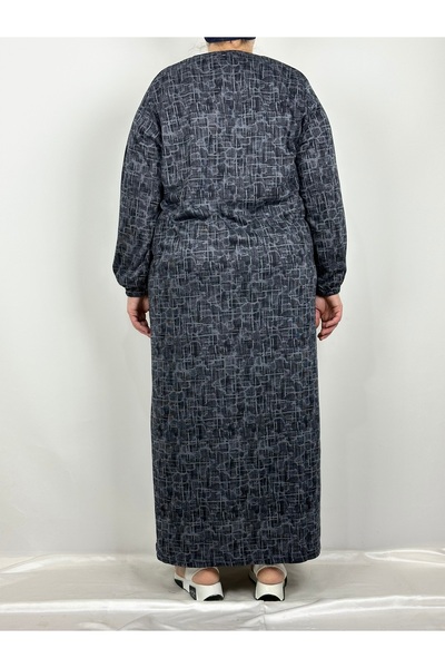 YAŞAR TRİKO Γυναικείο φόρεμα με μπλέ μπλέ μοτίβο με λαιμόκοψη V με μακρύ μανίκι και ελαστικά στους αγκώνες Lizzy Seasonal Mother Dress