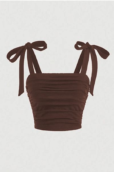 World Fashion Trends Wft5023B Bow Wide Strap Brown Crop Blouse