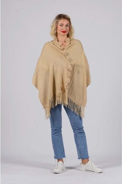 Mandaş Beige Angora Pompom Shawl - 60X180