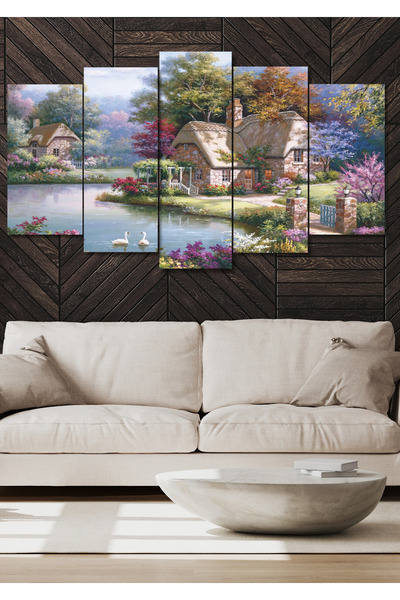 NT Handmade 5 Parça Göl ve Köy Manzaralı Duvar Dekoru Salon Oturma Yatak Odası Ofis Antre için Tablo Seti