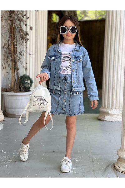 H&Z KİDS Girl's 4-Piece Denim Detail Style Suit with Bag Included
