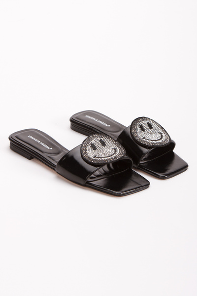 L&L Жіночі капці на низькому каблуці, чорні металічні, з камінцями спереду