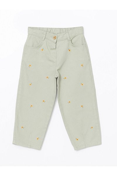 LC Waikiki Lcw Kids Green Girl's Pants with Adjustable Embroidery Waist
