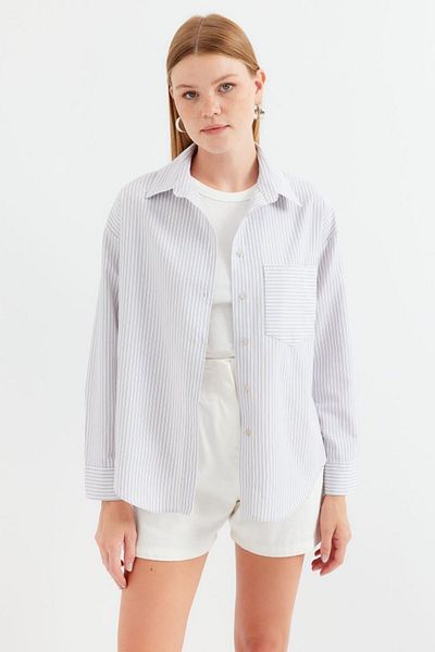 modaserdem 20212 Single Pocket Striped Oversize Shirt - Beige
