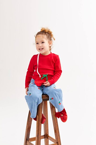 Elidabutik Cherry Printed Pants Red Top and Bag Set of 3