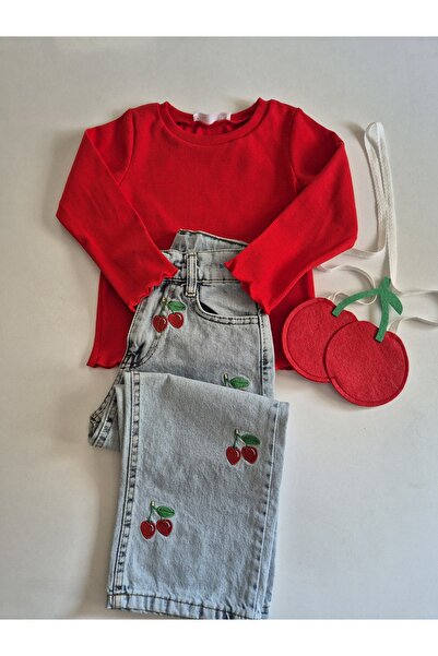 HNKİDS Kiraz Baskılı %100 Pamuklu İspanyol Paça Pantolon & Bluz Çanta Hediyeli 3'lü Kız Çocuk Alt Üst Takım