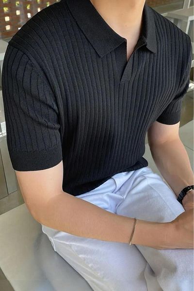 Oksit Ανδρικό πλεκτό μπλουζάκι Lorens ριγέ Lycra Slim Fit Polo γιακά