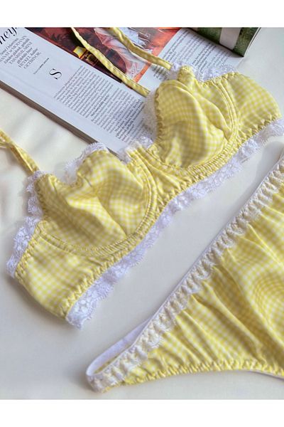 İNKO İÇ GİYİM Set sutien cu sârmă cu dantelă din satin galben