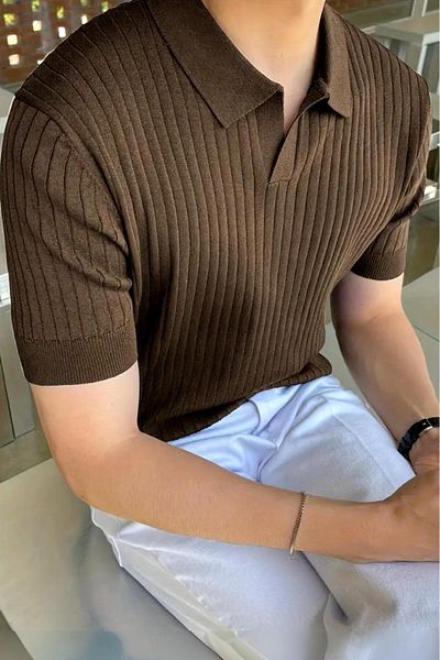 Oksit Lorens Striped Lycra Slim Fit Polo Neck Knitted Men's Knitwear Tshirt
