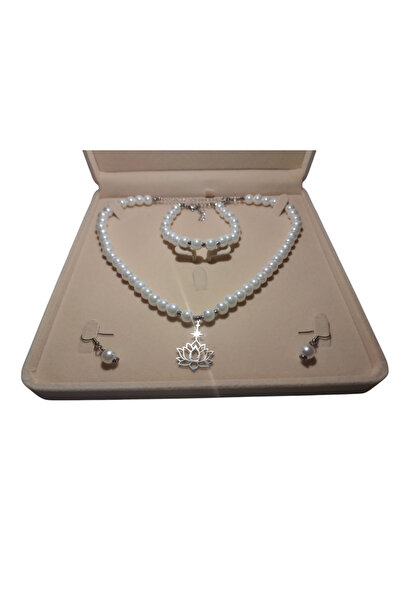 AYTENS TAKI İnci Kolye Bileklik Küpe  Set, Paslanmaz Çelik Lotus Çiçeği Gümüş...