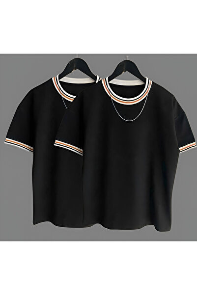 dwnwear Unisex New Season Oversize Βαμβακερό γιακά και μανίκια Λεπτομερές χτενισμένο βαμβακερό μαύρο καλοκαιρινό μπλουζάκι 2 τεμαχίων