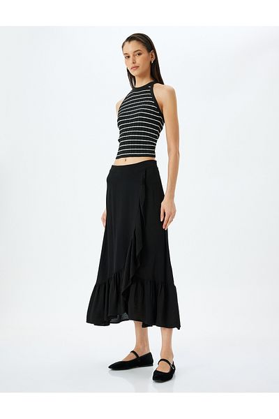 Koton New Season Midi Length Viscose Double Breasted Ruffle Skirt