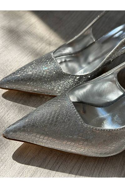 Favi Ayakkabı Silver Shiny Crocodile Pattern Open Back Pointed Toe Evening Dress Shoes