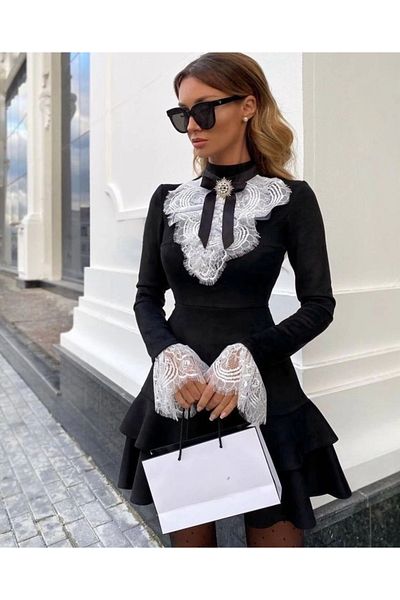 Butik Women's Scuba Diving Fabric Imported Lace and Bronchus Detailed Opportunity Product Dress