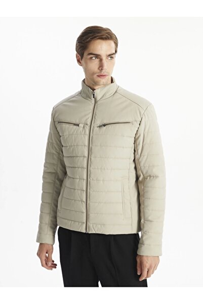 LC Waikiki Ανδρικό δερμάτινο παλτό LCW Vision Beige Slim Fit Stand Collar