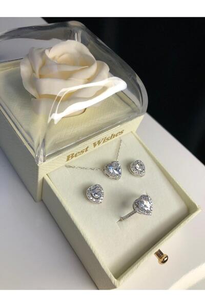 vogutima Kadın Gümüş Set - Pırlanta Kesim Taşlı Beyaz Kalpli Model Set Özel K...