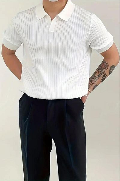 Oksit Tricou tricotat pentru bărbați, cu dungi Lycra, cu gât polo, tricotat