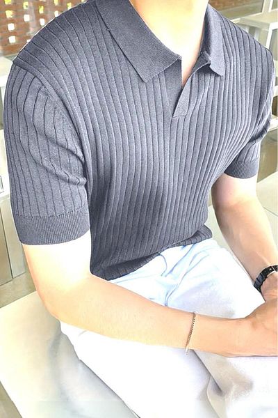 Oksit Ανδρικό πλεκτό μπλουζάκι Lorens ριγέ Lycra Slim Fit Polo γιακά