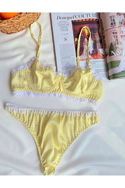 İNKO İÇ GİYİM Set sutien cu sârmă cu dantelă din satin galben