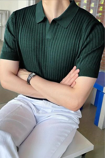 Oksit Ανδρικό πλεκτό μπλουζάκι Lorens ριγέ Lycra Slim Fit Polo γιακά