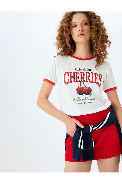 Koton New Season Cherry Printed Ribbed Crew Neck Short Sleeve T-Shirt