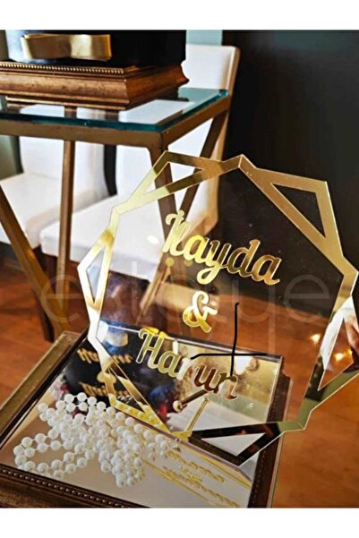 estölye Pleksi isimlik Masa Üstü Aynalı Gold Pleksi isimlik Söz Nişan Düğün M...