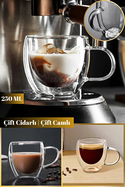 STLIFE 2 ADET Kulplu Çift Camlı Çift Cidarlı Cam Bardak Kupa Borosilikat Finc...