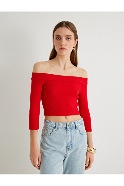 Koton Open Shoulder Crop T-Shirt Elbow Length Sleeve Cotton Slim Fit