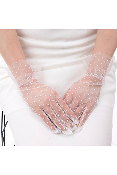 Generic Brand Short Length Laced White Polka Dot Tulle Gloves White Color