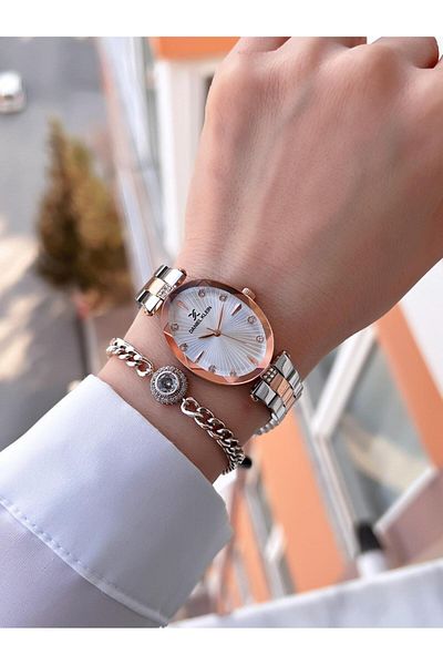 Daniel Klein Women's Wristwatch and Bracelet F13954 3Atm Water Resistant Crystal Cutout Glass Steel Band