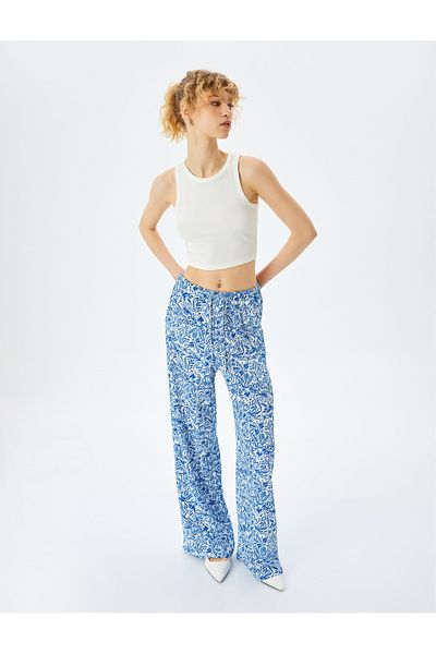 Koton New Season Waist Lace-Up Wide Leg Patterned Trousers