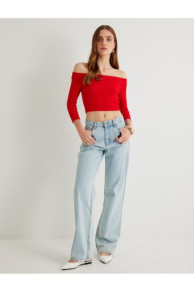 Koton Nou sezon Koton X Sima Tarkan - Tricou crop cu umăr deschis, mânecă până la cot, bumbac, slim fit