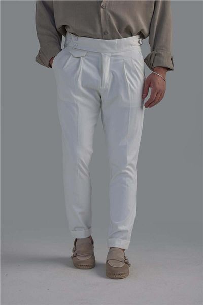 OUTFİT MAN Men's Classic Kulum Trousers - Four Button Italian Style - White