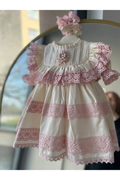 Sare Çocuk Giyim Baby Girl Special Design Vintage Powder Lace Natural Cotton Fabric Princess Mevlüt Dress + Buckle