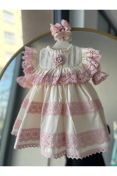 Sare Çocuk Giyim Baby Girl Special Design Vintage Powder Lace Natural Cotton Fabric Princess Mevlüt Dress + Buckle
