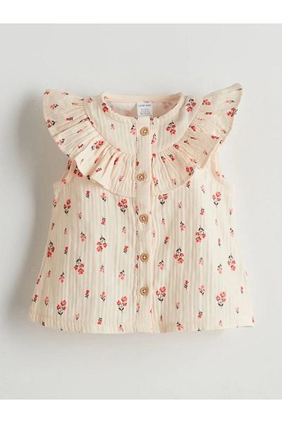 LC Waikiki Lcw Baby Ecru Crew Neck Floral Baby Girl Blouse and Shorts 2Pcs